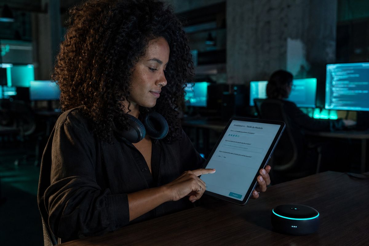 Peça de comunicação sendo avaliada no tablet