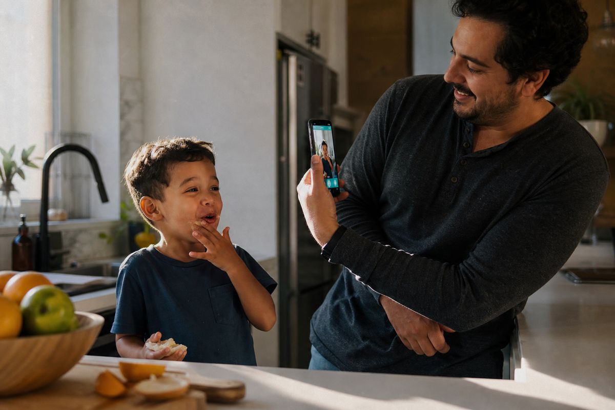 Pai registrando a reação do filho ao provar o produto
